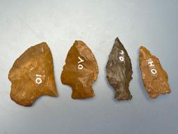 4 Fine Jasper Points, Prient, Perk, Lehigh Broadpoint, Found in Pennsylvania, Longest is 1 7/8"