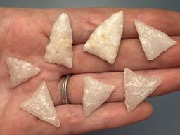 7 FINE Quartz Triangle Points, Excellent Examples, Longest is 1 1/8", Found in Berks Co., PA