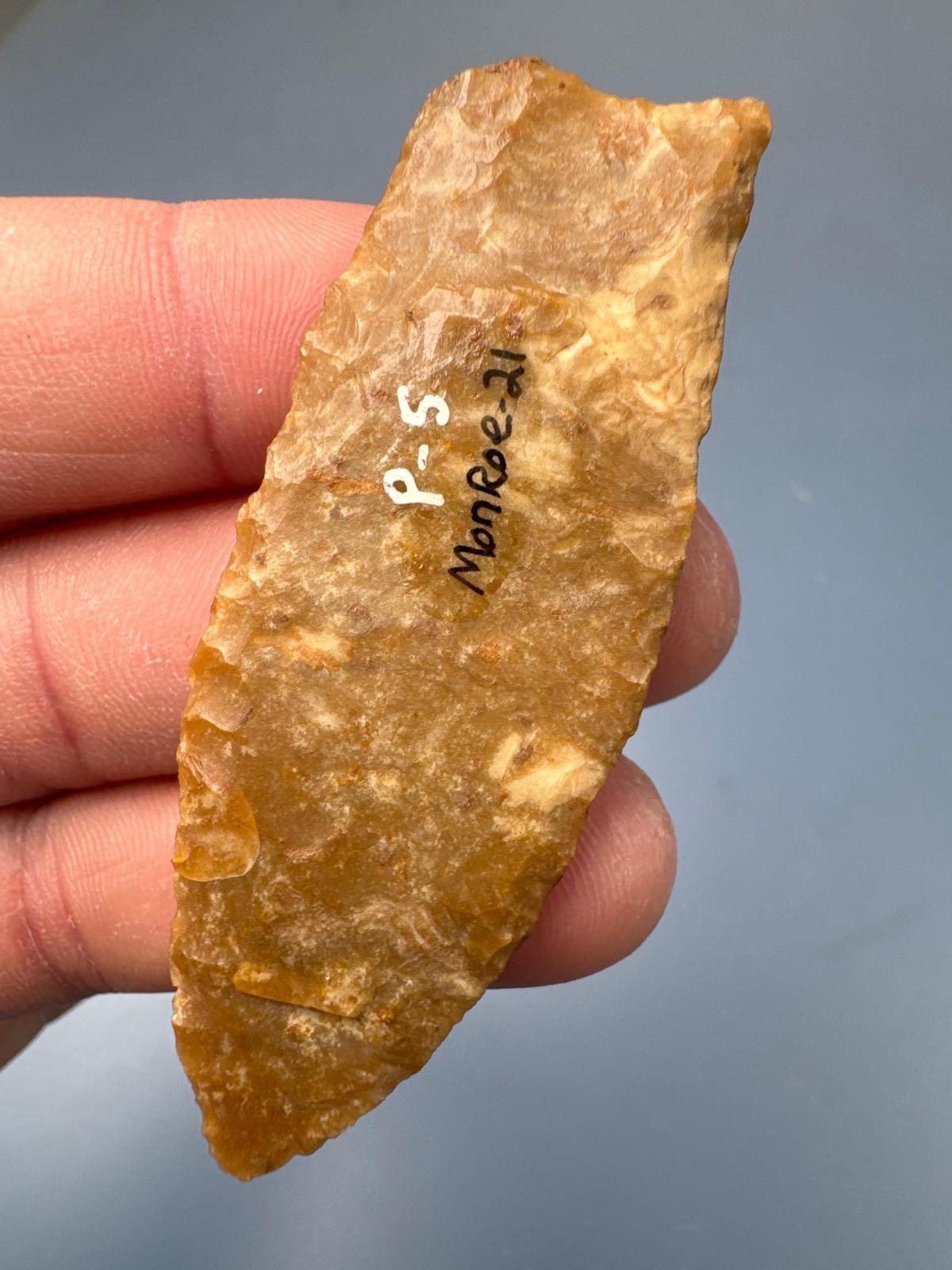 HIGHLIGHT 2 3/4" Barnes Fluted Point, Yellow Jasper, Found in Monroe Co., PA, by Fred Altemost, Pict