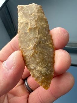 HIGHLIGHT 2 3/4" Barnes Fluted Point, Yellow Jasper, Found in Monroe Co., PA, by Fred Altemost, Pict
