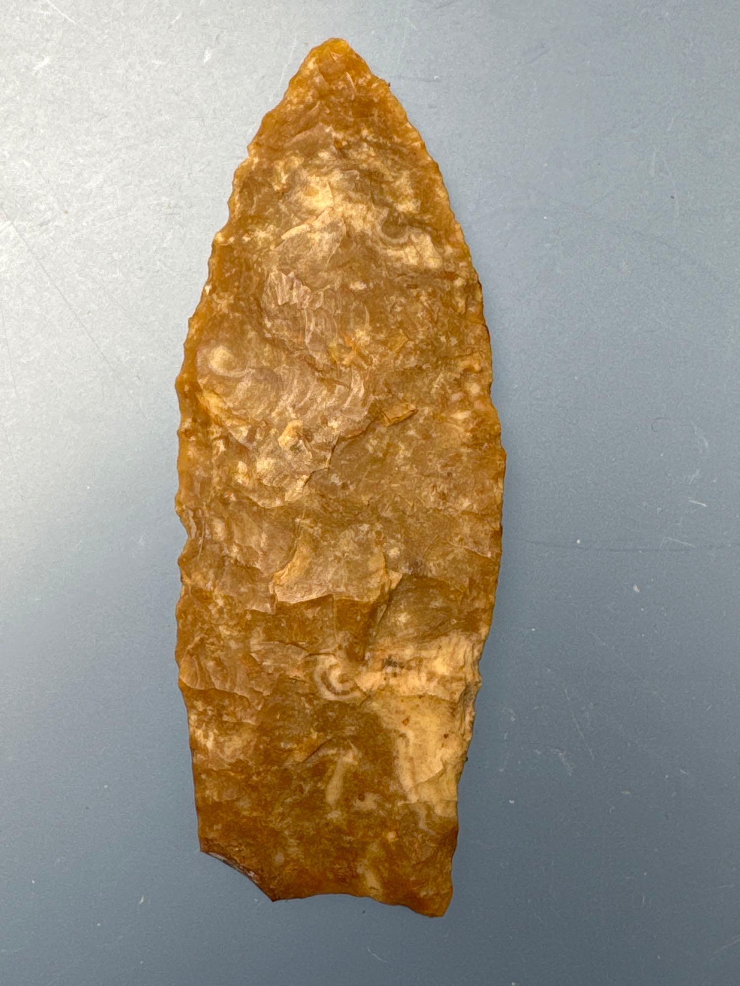 HIGHLIGHT 2 3/4" Barnes Fluted Point, Yellow Jasper, Found in Monroe Co., PA, by Fred Altemost, Pict