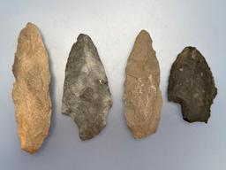 4 Larger Knives, Arrowheads, Found in Jim Thorpe Area in Pennsylvania, Longest is 4 1/4"