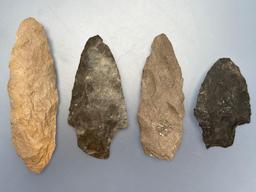 4 Larger Knives, Arrowheads, Found in Jim Thorpe Area in Pennsylvania, Longest is 4 1/4"