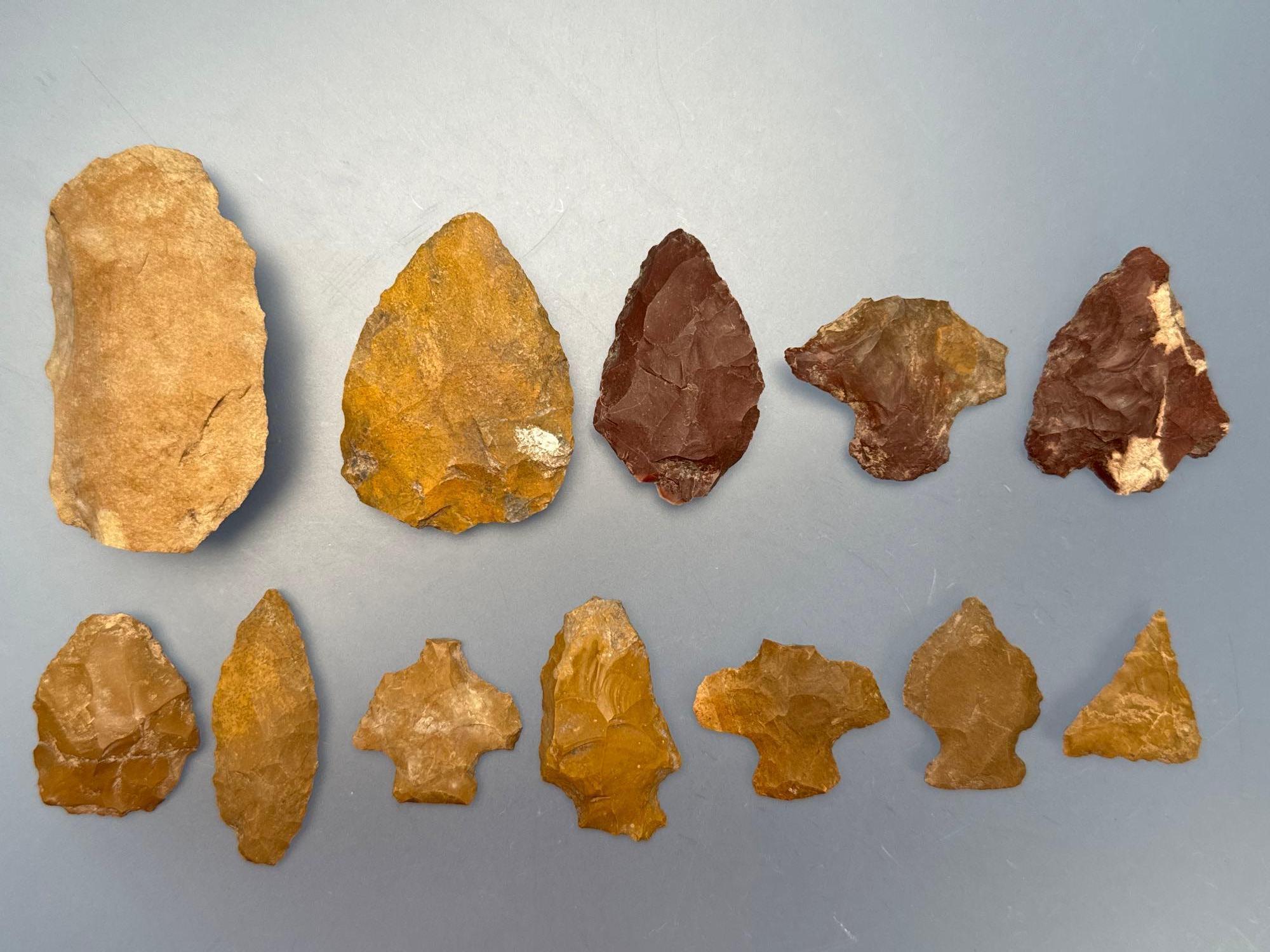 11 Decent Jasper Artifacts, Arrowheads, Found in Jim Thorpe Area in Pennsylvania, Longest is 2 3/4"