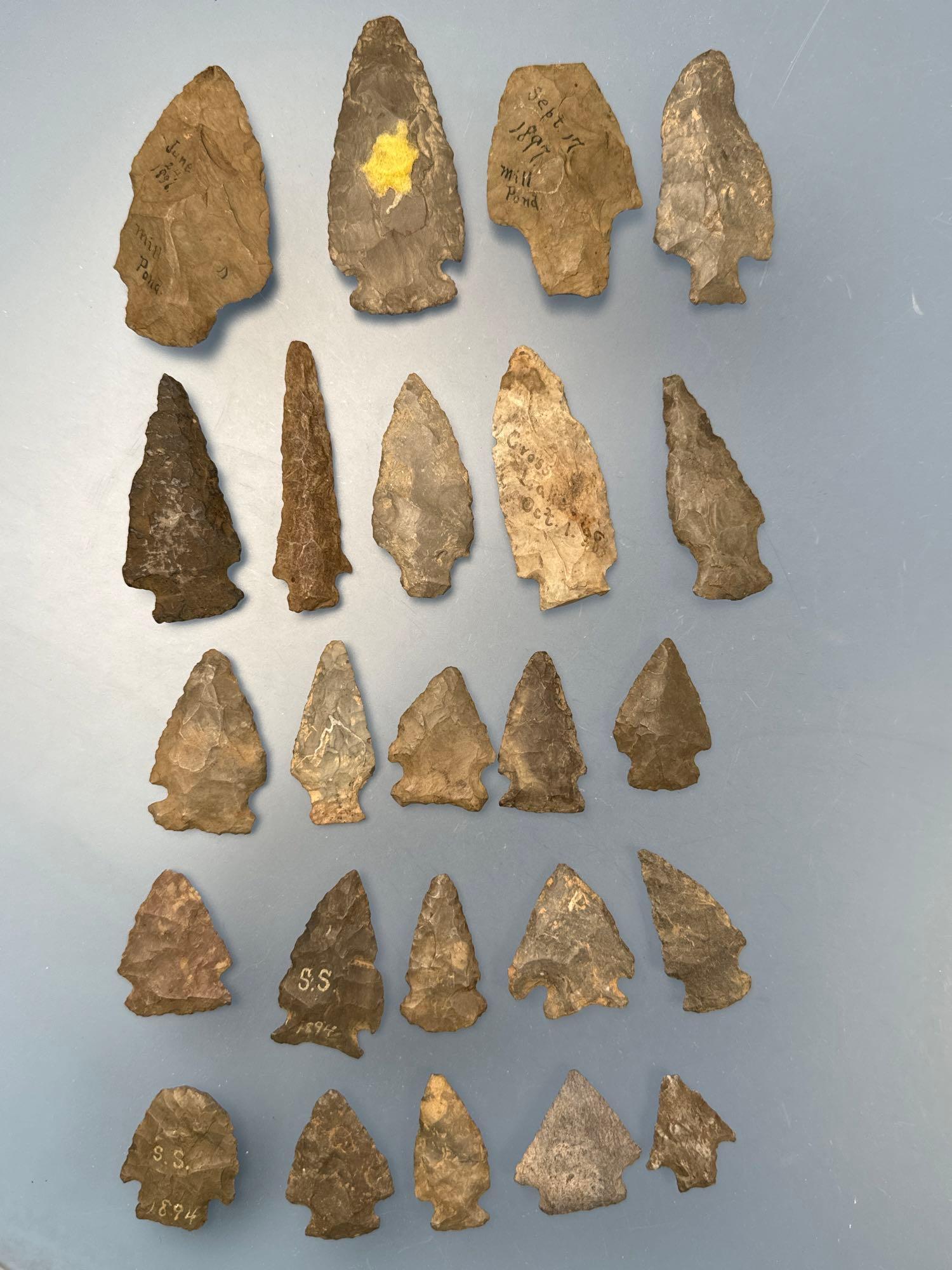 NICE Lot of 24 Various Esopus Chert, Rhyolite Points, From a New York Collection, Longest is 3 1/16"