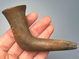 NICE 4" Trumpet Bowl Iroquoian Pipe, Found in Erie co., NY, Some Restoration to Bowl, Mended at Elbo