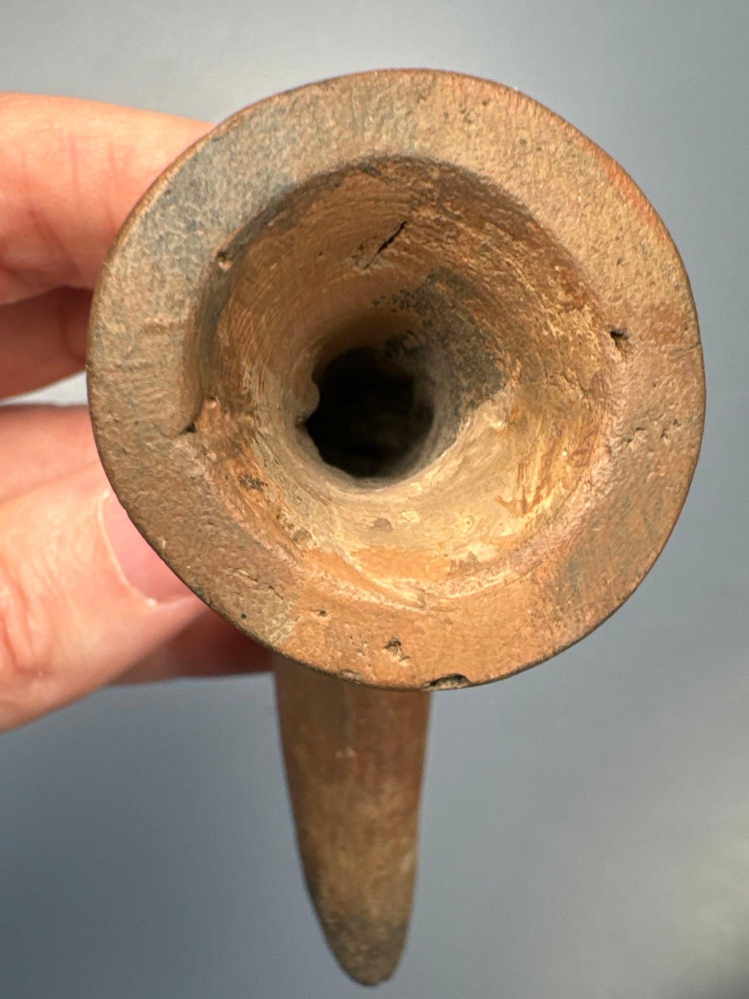 NICE 4" Trumpet Bowl Iroquoian Pipe, Found in Erie co., NY, Some Restoration to Bowl, Mended at Elbo