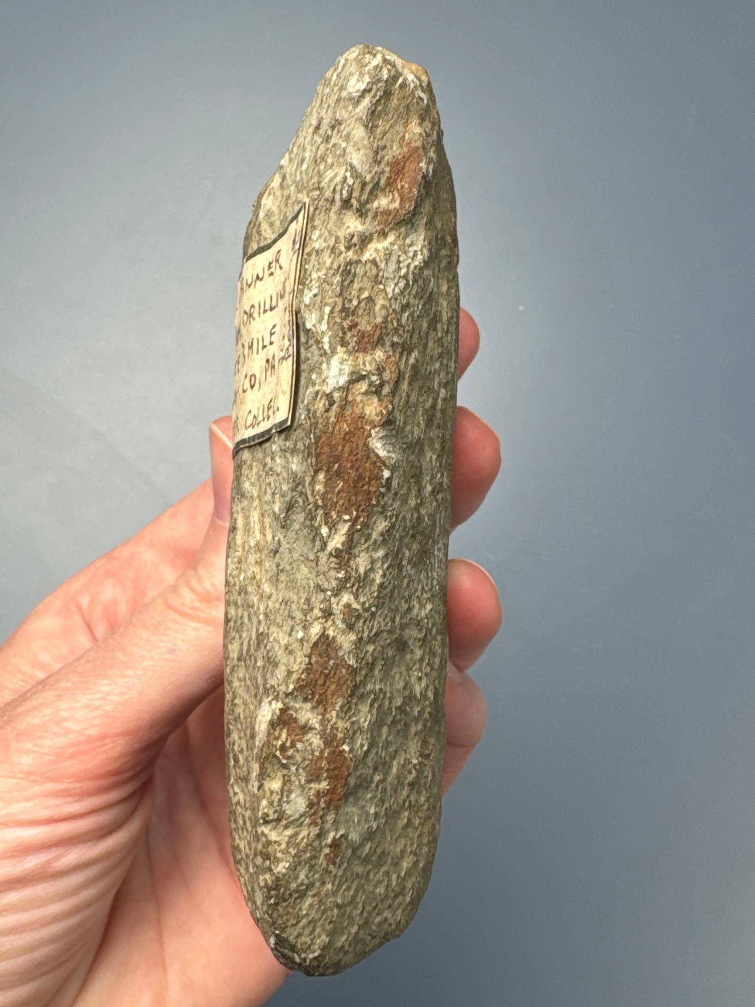 4 1/2" Shield Bannerstone Preform, Found on Three Mile Island, Dauphin Co., PA, DRILLING STARTED, Ex