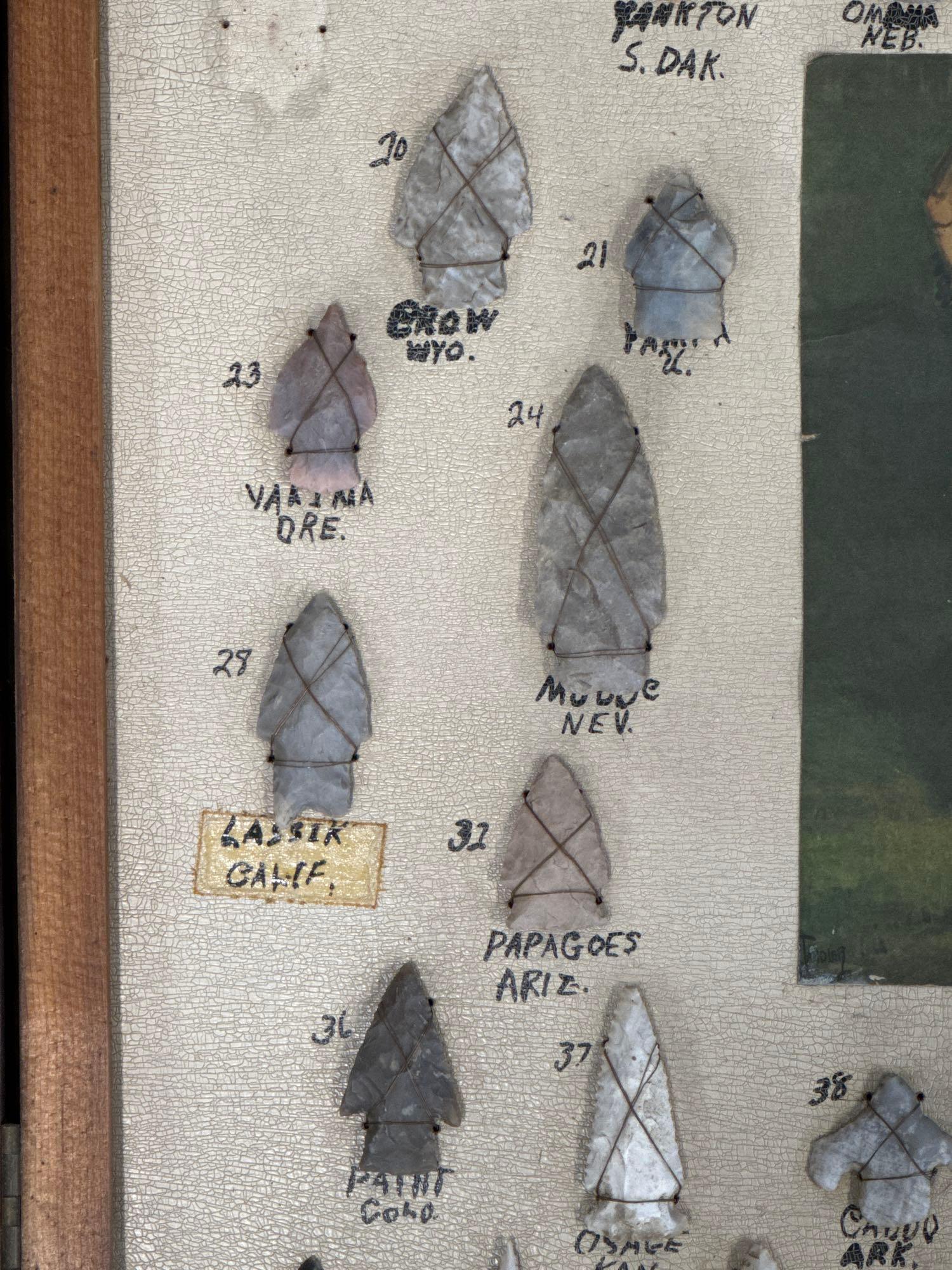 Large 21"x21" Frame of Various Arrowheads from Across The County, Wired to Board, Shell Pieces is Mo