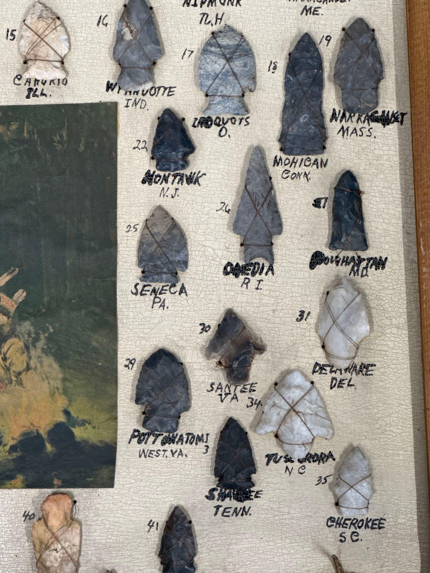 Large 21"x21" Frame of Various Arrowheads from Across The County, Wired to Board, Shell Pieces is Mo