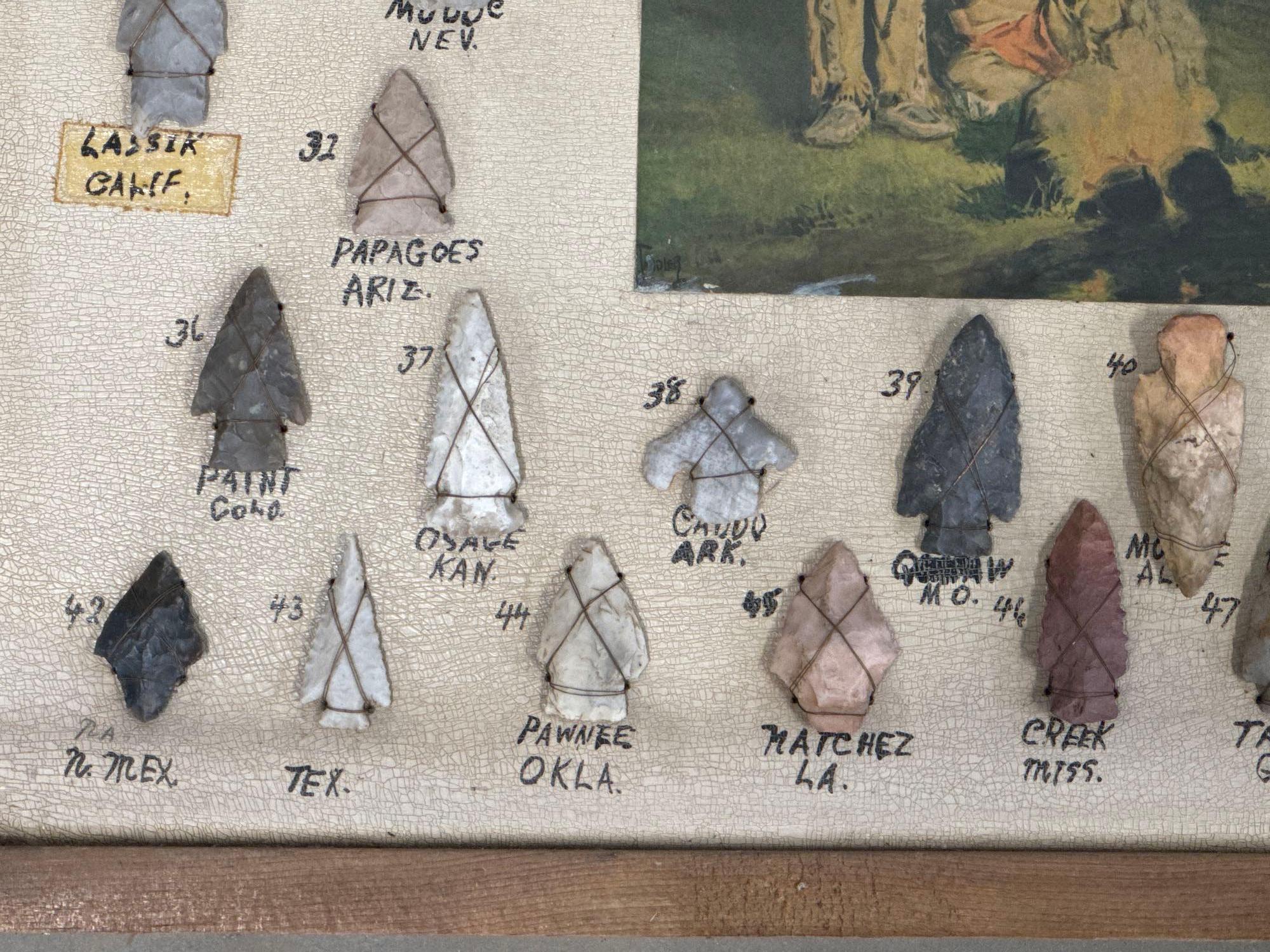 Large 21"x21" Frame of Various Arrowheads from Across The County, Wired to Board, Shell Pieces is Mo