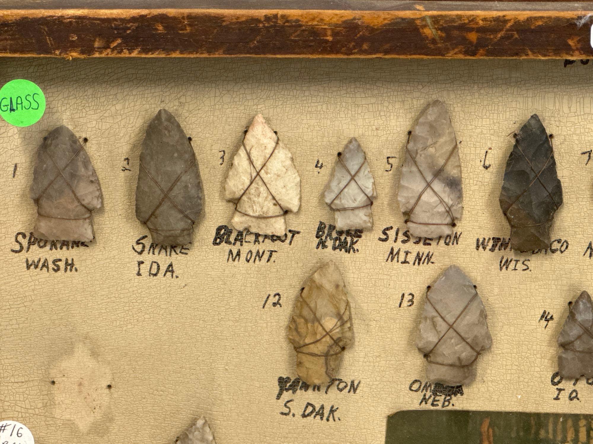 Large 21"x21" Frame of Various Arrowheads from Across The County, Wired to Board, Shell Pieces is Mo