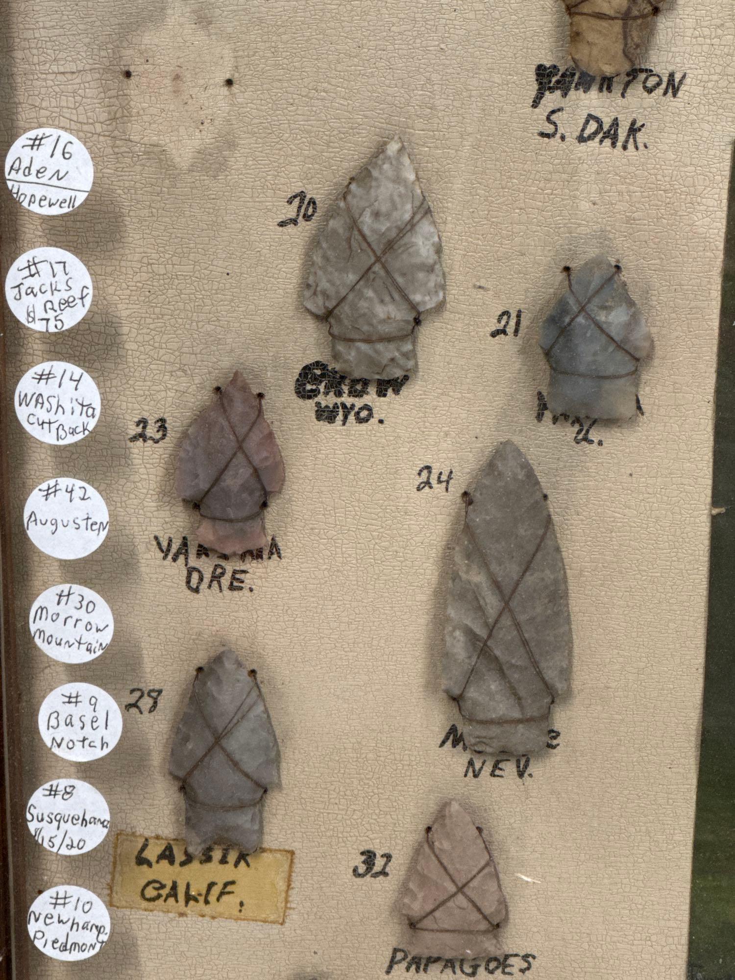 Large 21"x21" Frame of Various Arrowheads from Across The County, Wired to Board, Shell Pieces is Mo