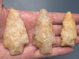 3 Larger Stem Quartz Points, Found in North Carolina, Longest is 2 1/2"