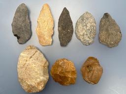 Lot of 8 Larger Blades, Quartzite, Rhyolite, Jasper, Found in Bucks Co., PA, Ex: Kauffman Collection