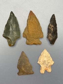 5 Various Points, Longest is 1 5/8", Found in Schuylkill Co., PA, Ex: Burley Collection