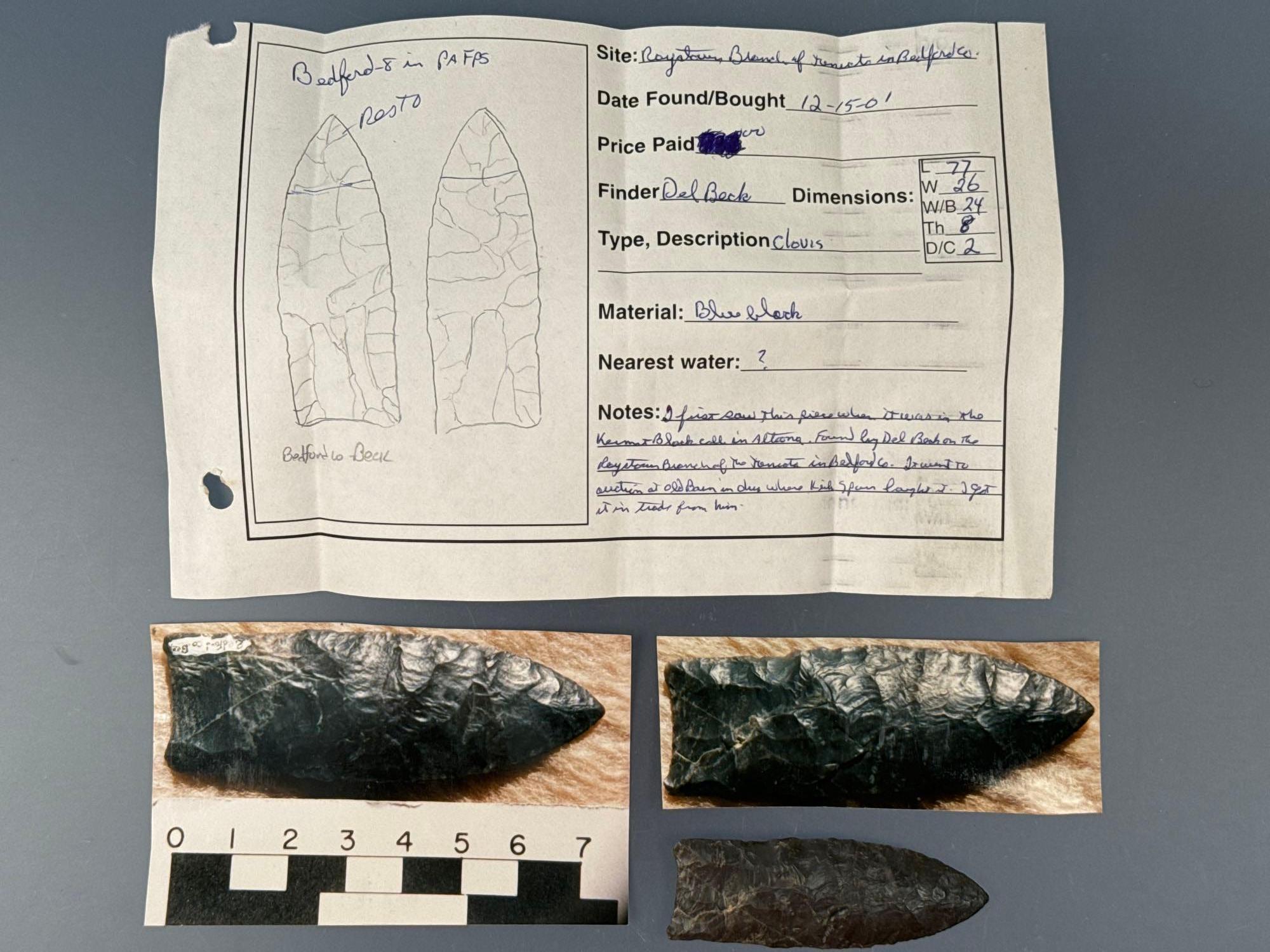 3" Fluted Paleo Clovis Point, 1/2" of Tip is Restored, Found at the Raystown Bend in Bedford Co., PA