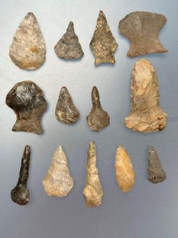13 Various Tools, Drills, Scrapers, Chert, Found in New York Ex: Dave Summers Collection Longest is