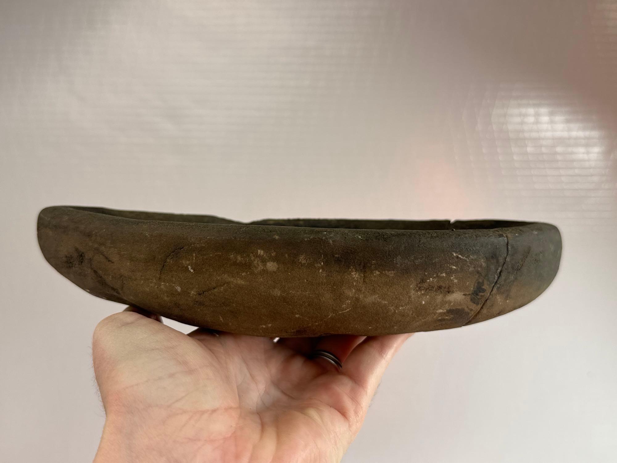 Stone Bowl, Broken and Re-Glued, Found in South Central New York, 9" Long, Ex: Dave Summers Collecti