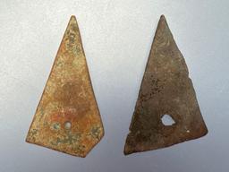 Pair of Perforated Brass Triangle Points, Iroquoian Trade Points, Found in New York, Longest 1 1/2"