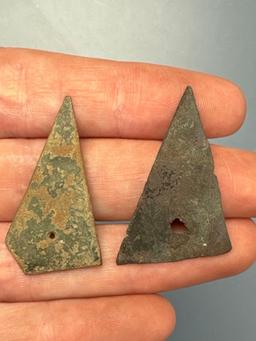 Pair of Perforated Brass Triangle Points, Iroquoian Trade Points, Found in New York, Longest 1 1/2"