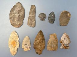 10 Arrowheads and Tools, Found in New York, Longest is 2 3/4", Ex: Dave Summers Collection