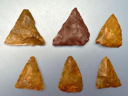 6 Jasper Triangle Points, Longest is 1 3/16", Found in Northampton Co., PA by the Burley Family, Ex: