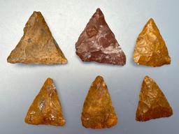 6 Jasper Triangle Points, Longest is 1 3/16", Found in Northampton Co., PA by the Burley Family, Ex: