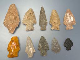 10 Various Points, Jasper, Quartzite, Chert, Longest is 2 1/2" Found in Northampton Co., PA by the B