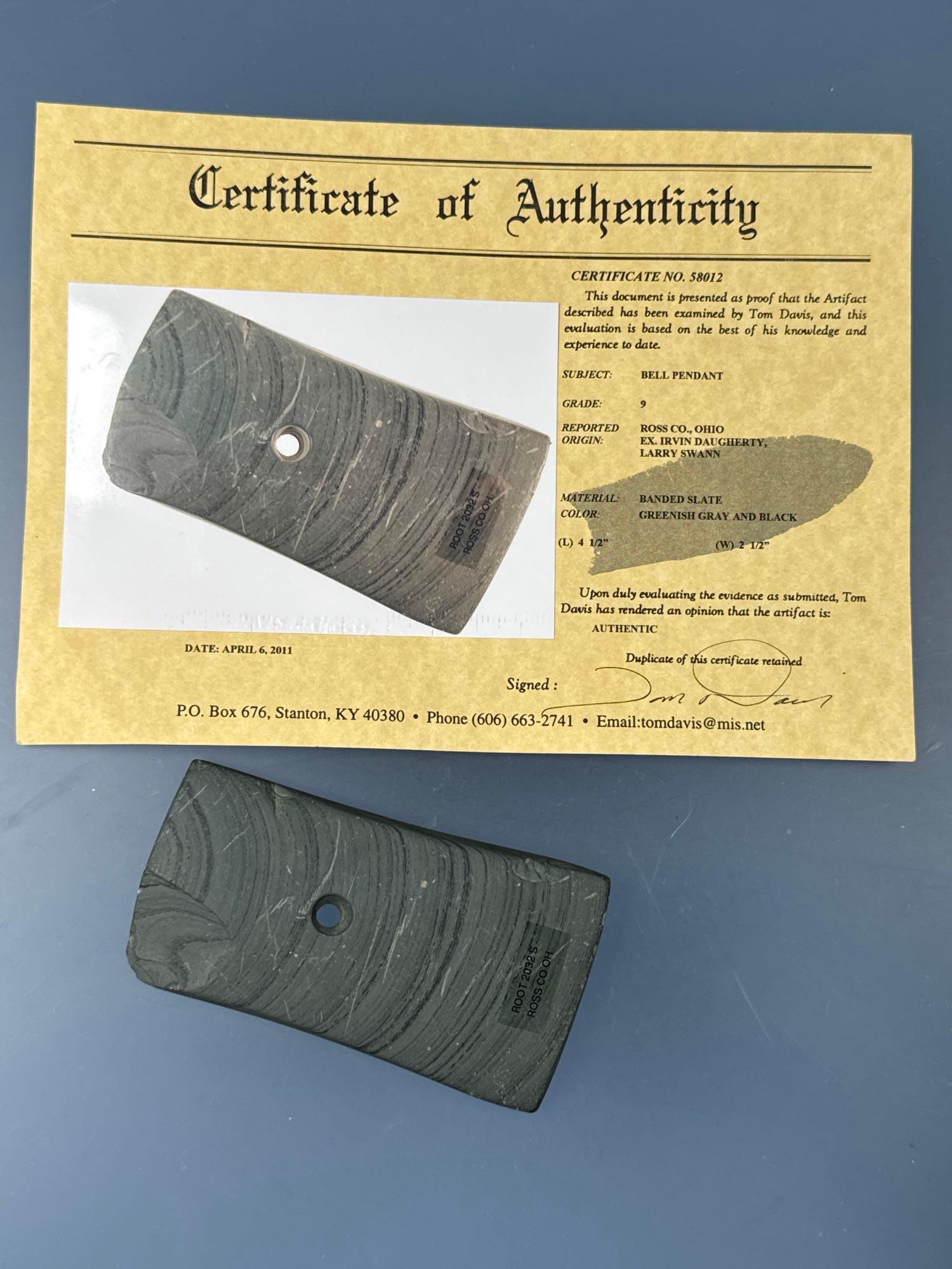 4 1/2" Banded Slate Bell Pendant, Found in Ross Co., OHiO, Ex: Irvin Daugherty, Larry Swann, Root