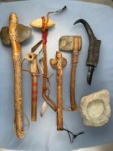 Lot of Various Native American Tools, Modern Hafted Axes, Older Plains War Club, Modern Soapstone