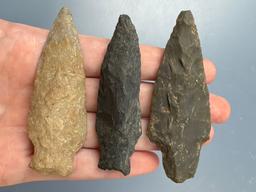 3 Archaic Stem Points, Longest is 3", Found in Lancaster Co., Pennsylvania, Ex: Ted Knieriem