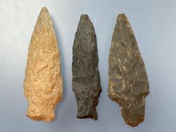 3 Archaic Stem Points, Longest is 3", Found in Lancaster Co., Pennsylvania, Ex: Ted Knieriem
