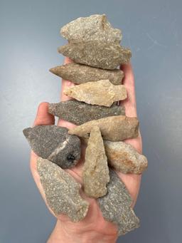 11 Various Quartzite Points, Blades, Longest is 2 5/8", Found in Berks Co., Pennsylvania,