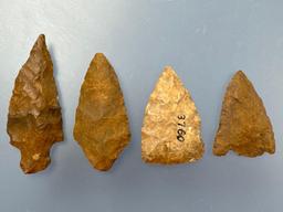 4 Nice Jasper Points, Longest is 2 5/8", Found in Berks Co., Pennsylvania, Ex: Ted Knieriem