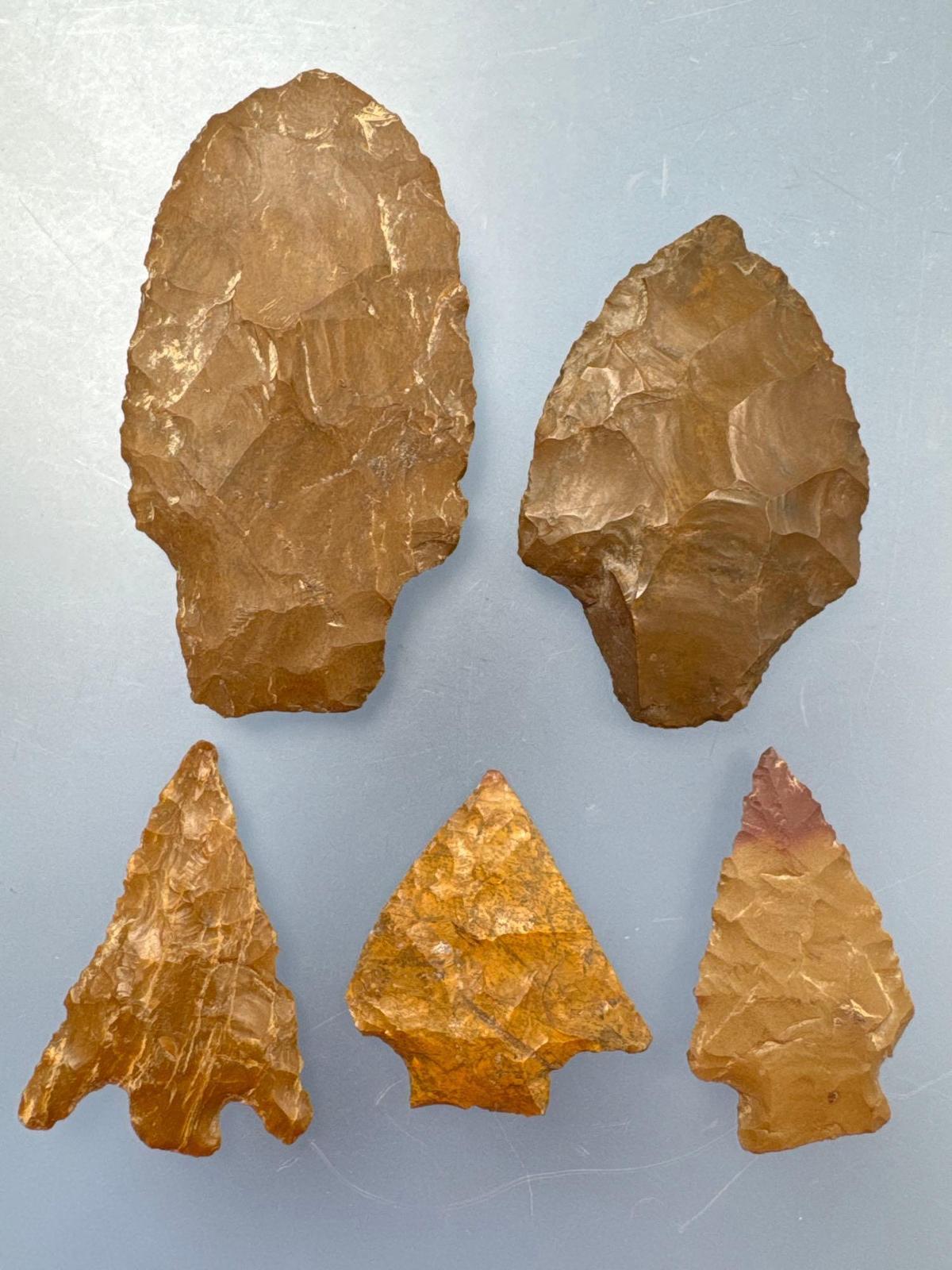 5 FINE Jasper Points, Arrowheads, Longest 2 3/4", Found in Phillipsburg, New Jersey,