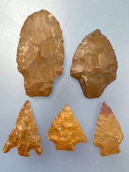 5 FINE Jasper Points, Arrowheads, Longest 2 3/4", Found in Phillipsburg, New Jersey,