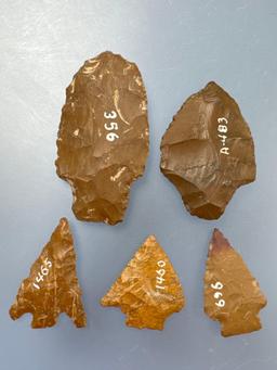 5 FINE Jasper Points, Arrowheads, Longest 2 3/4", Found in Phillipsburg, New Jersey,