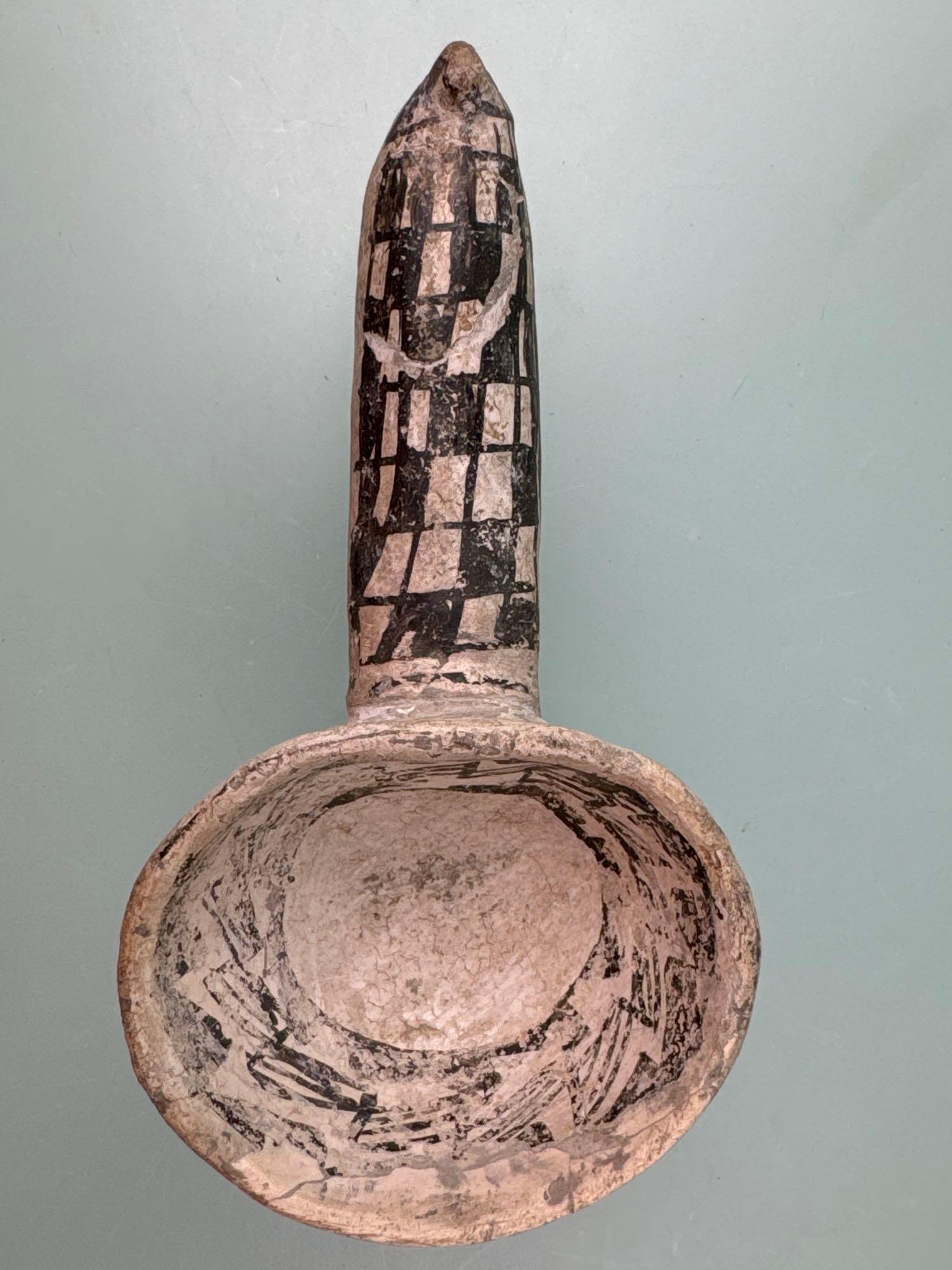 6 3/4" Black on White Anasazi Ladle, Handle Reglued w/Minor Restoration, Restoration to Front Edge