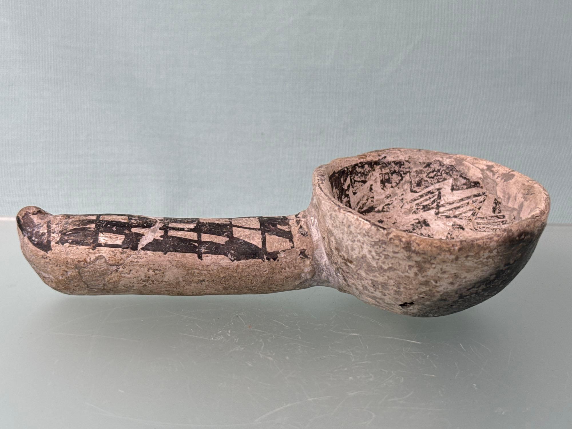6 3/4" Black on White Anasazi Ladle, Handle Reglued w/Minor Restoration, Restoration to Front Edge
