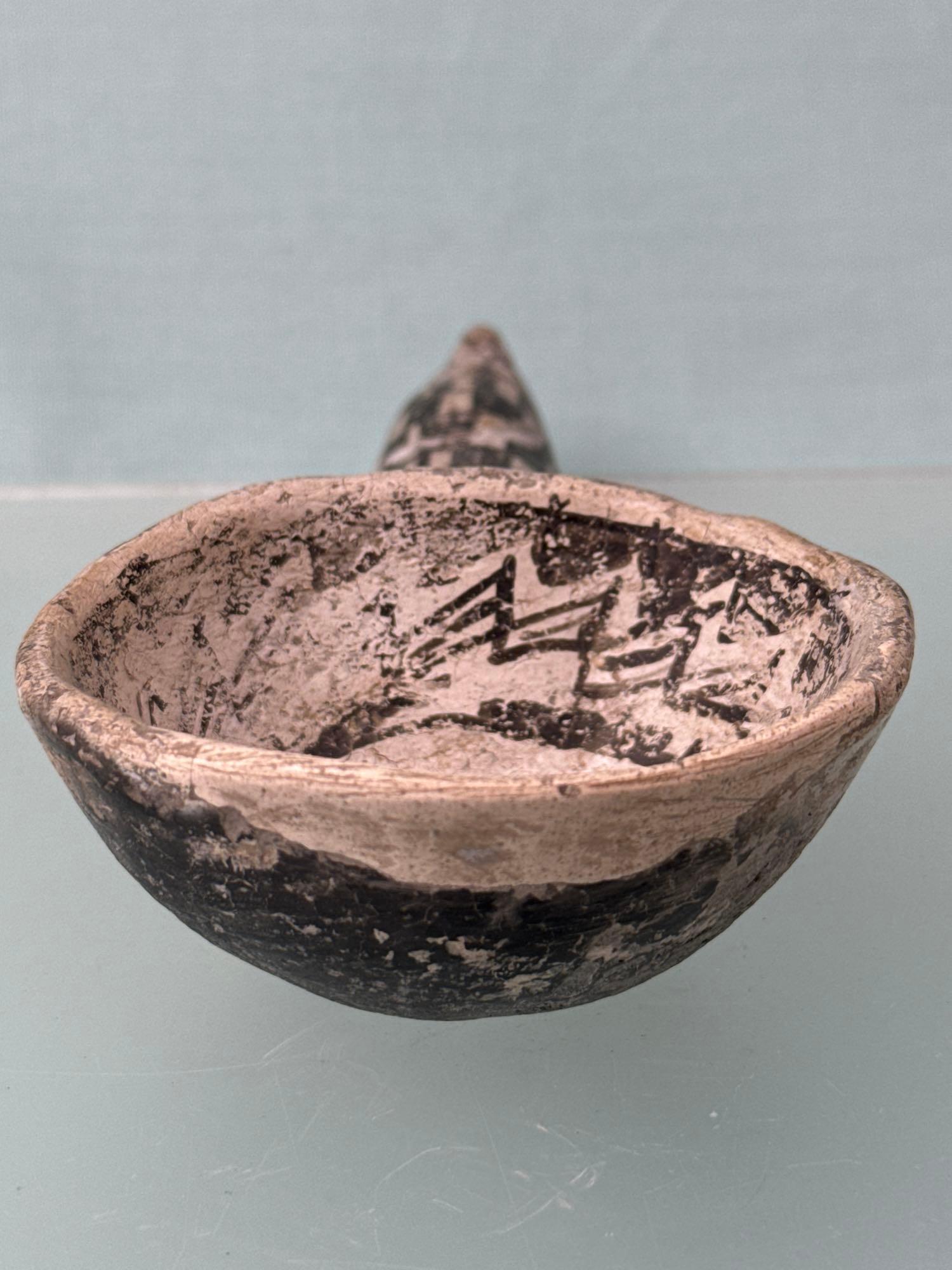 6 3/4" Black on White Anasazi Ladle, Handle Reglued w/Minor Restoration, Restoration to Front Edge