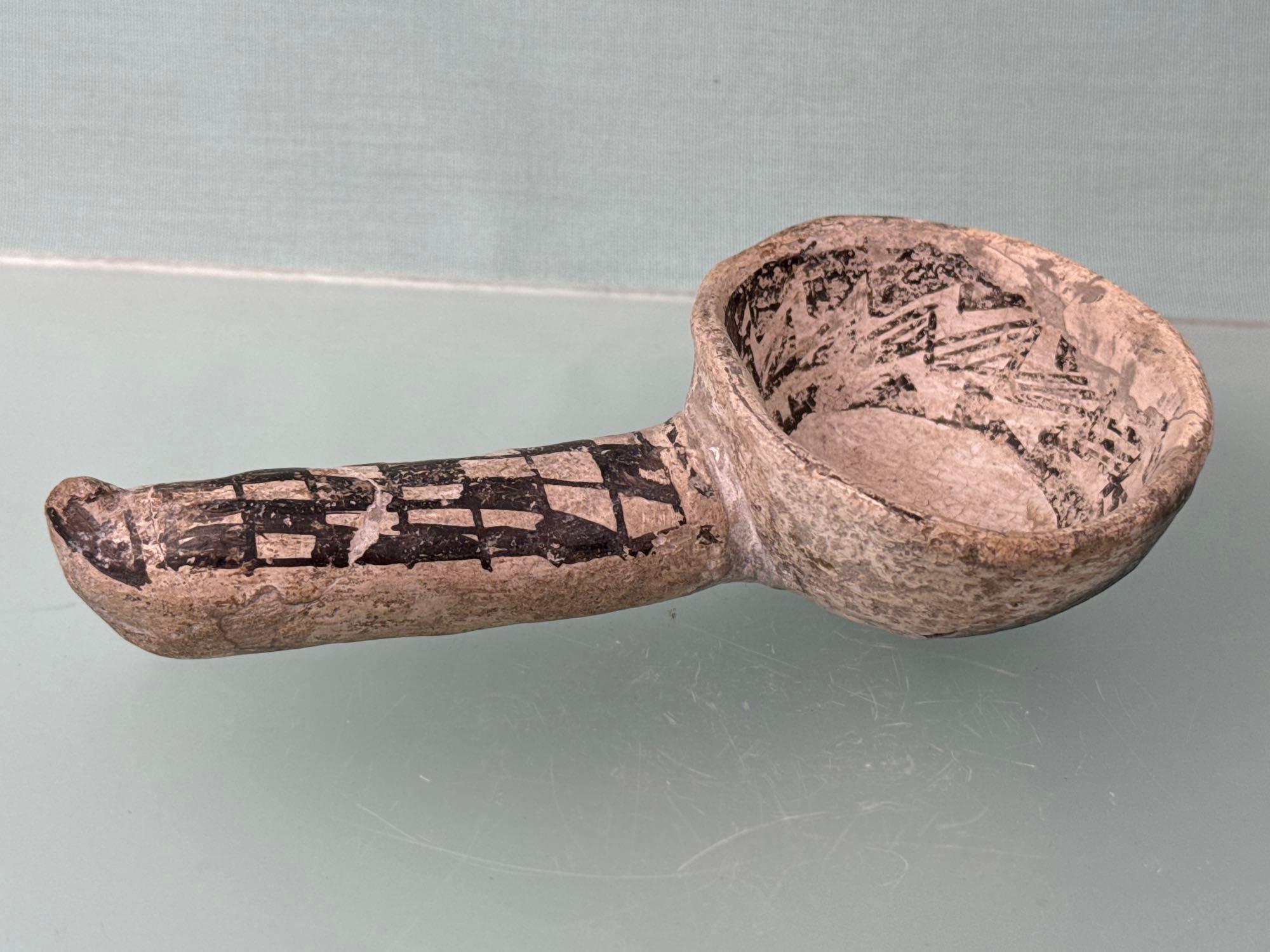 6 3/4" Black on White Anasazi Ladle, Handle Reglued w/Minor Restoration, Restoration to Front Edge