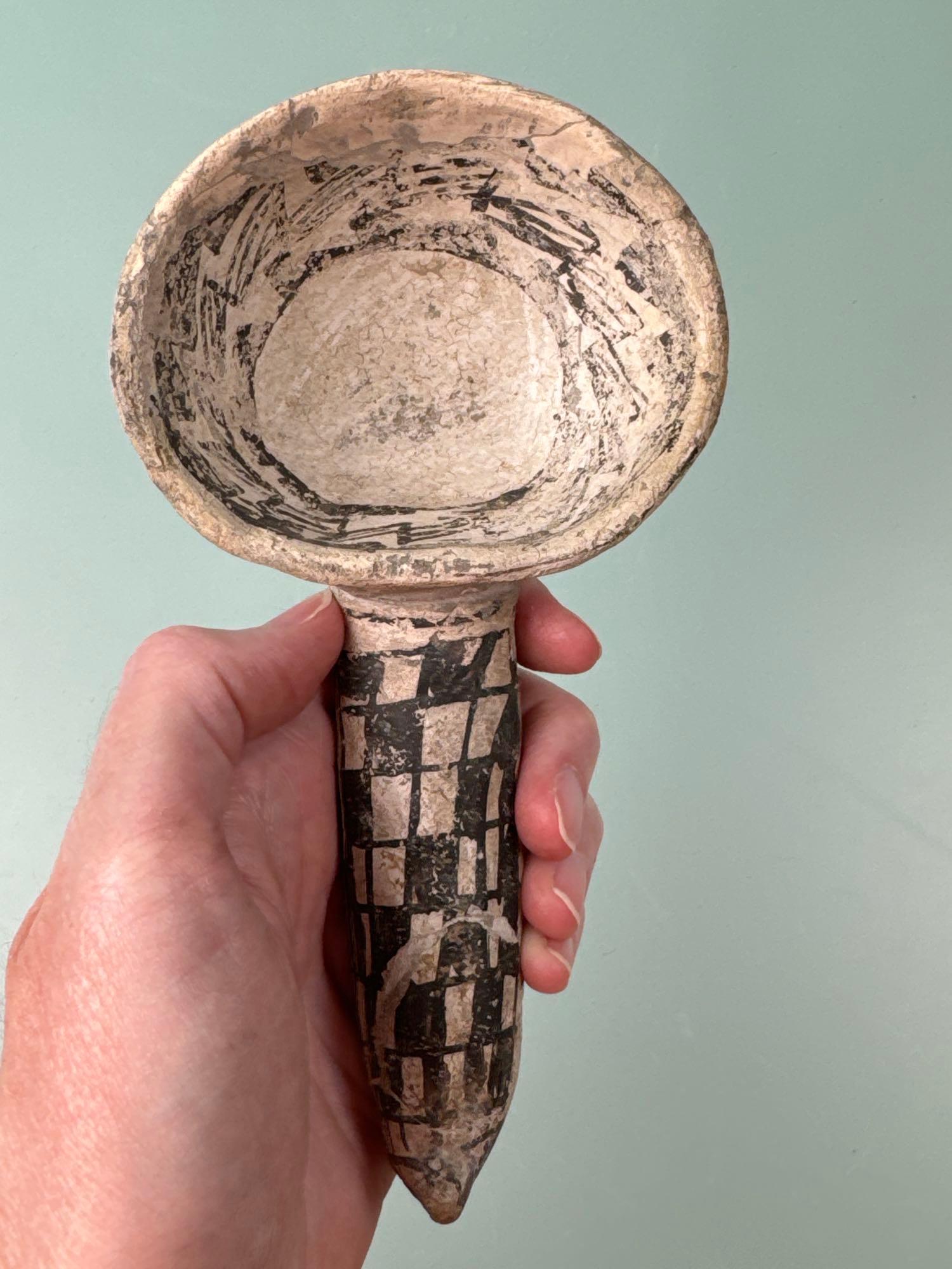 6 3/4" Black on White Anasazi Ladle, Handle Reglued w/Minor Restoration, Restoration to Front Edge