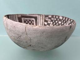 7 3/4" x 3" Black on White Mimbres Anasazi Bowl, Broken and Reglued, Unrestored, WOW, Arizona,