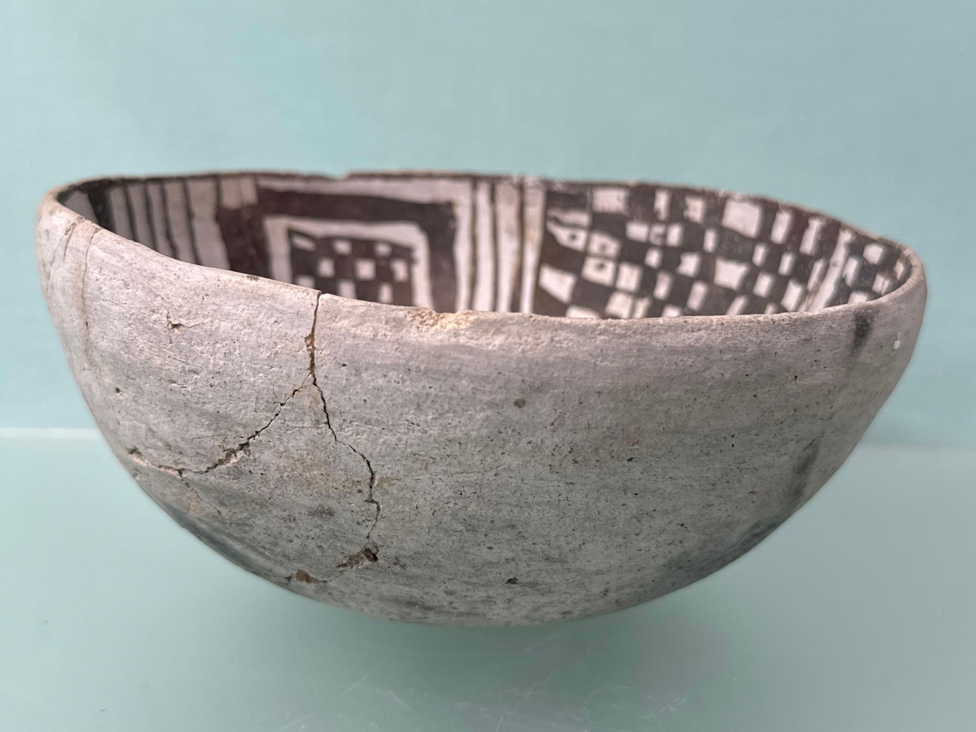 7 3/4" x 3" Black on White Mimbres Anasazi Bowl, Broken and Reglued, Unrestored, WOW, Arizona,