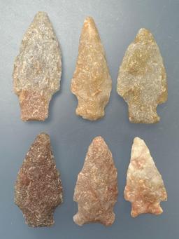 6 Fine Quartzite Points, Colorful, Longest is 2 1/2", Found in Berks Co., Pennsylvania,