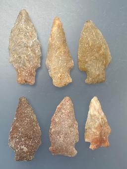 6 Fine Quartzite Points, Colorful, Longest is 2 1/2", Found in Berks Co., Pennsylvania,