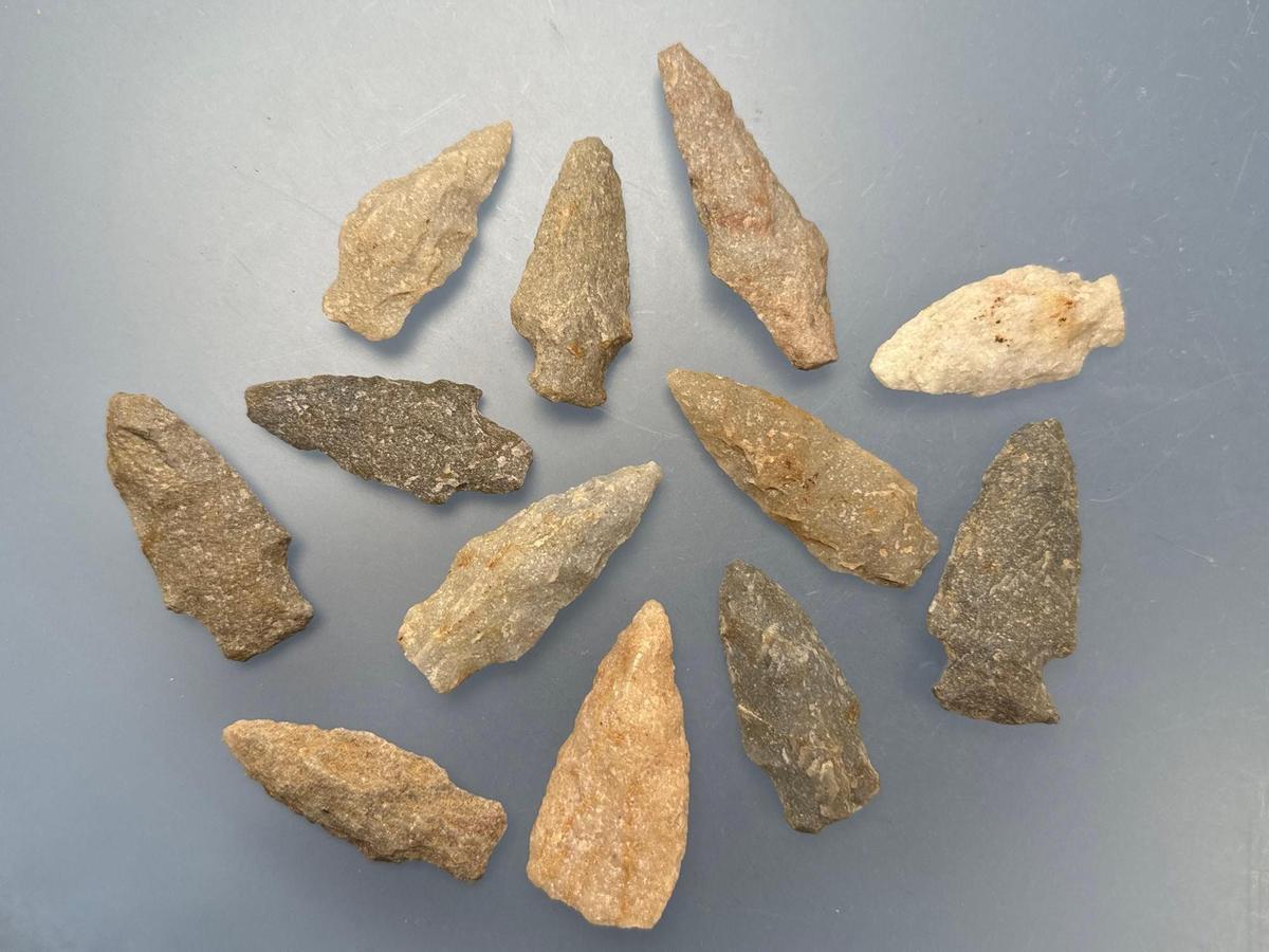 12 Various Quartzite Arrowheads, Longest is 2 7/8", Found in Berks Co., Pennsylvania,