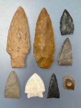 8 Fine Artifacts, Jasper Blade, Stemmed Point, Pendant, Triangles, Longest 3 1/2", Pennsylvania