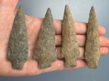 4 Quartzite Archaic Stem Points, Bare Island, Longest 3 1/16", Found in Lancaster Co., Pennsylvania